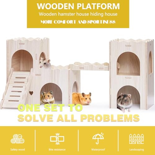 Large Wooden Hamster House Castle with Double Decker,Large Hamster | Wooden Hamster Houses,Dwarf Hamster Habitat Hideout with Climbing Ladder,Large Guinea Pig Castle Detachable Hideouts(B) - color: BrownB