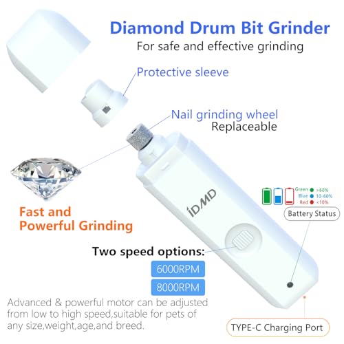 Dog Nail Trimmers with Light for All Breeds | Dog Nail Grinder Quiet | Dog Nail Trimmers- 2-Speed Dog Nail Grinder With LED Lighting & Type-c USB Rechargeable Quiet pet Nail Grinder for Dogs/Cats