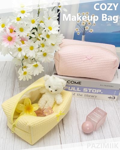 PAZIMIIK Cozy Makeup Bag for Women,Zipper Cosmetic Pouch,Waffle Yellow | Soft Cosmetic Organizer for Makeup,Skincare,Toiletries,Daily Beauty Essentials,Purse,On-the-Go,Bridesmaid Gifts - color: Waffle Yellow