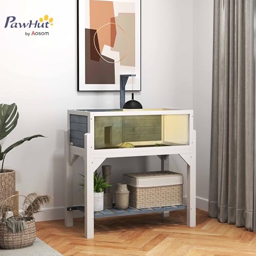PawHut Tortoise Habitat with Storage Shelf, Wooden Tortoise Enclosure with Clear Windows, Lamp Holder, Openable Top, Built-in Tray, Reptile Cage for Indoor Outdoor Use, Gray | Wooden Tortoise Enclosure, Openable Top, Built-in Tray, Reptile Cage for Indoor