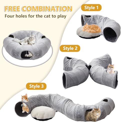 WINDRACING Cat Tunnel Bed for Indoor Cats - Cute Cat Donut Tunnel with Washable Circle Cushion, Round Pet Play Toy for Kitten/Puppy/Rabbit, Grey