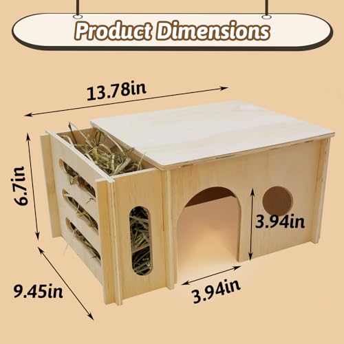 Fhiny Guinea Pig Wood House with Hay Feeder, Detachable Chinchilla Hut Hideout Small Animal Hideout Hideaway Natural Hamster Habitat Decor for Guinea Pig Chinchilla Dwarf Rabbit Hamster