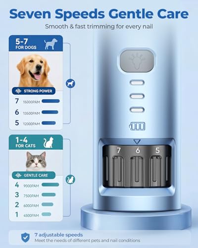 7-Speed Dog & Cat Nail Grinder with Light - Ring LED Safe to Avoid Overcut, Quiet Low Vibration & Powerful Fast, Cordless Rechargeable Toenail Trimmer for Small & Large Puppy & Breeds Paws(White) - color: White