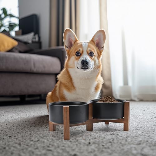 SPUNKYJUNKY Ceramic Dog Bowls with Acacia Wood Stand - Raised Dog Food and Water Bowl Set for Medium Dogs (28.74 OZ, Black) - color: Black, size: 28.74 Oz