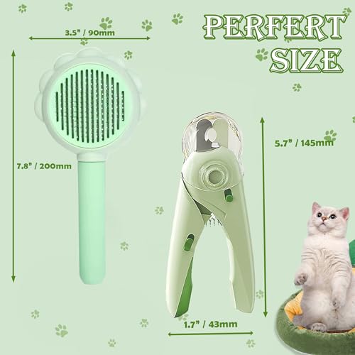 Self Cleaning Cat Brush for Shedding, LED Light Nail Clipper and Nail File | Slicker Brushes and Nail Trimmer for Long Haired Cats, Grooming Kit, Cat Lover Gifts - color: Green