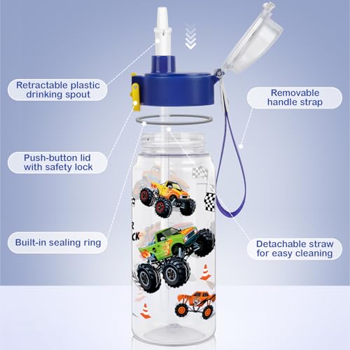 Tritan Kids Water Bottle for School, 18.6 Oz Leakproof Toddler Water Bottle | with a Pop-up Detachbale Straw, 2-in-1, Dishwasher Safe, 1-Pack, Monster Truck - color: Monster Truck