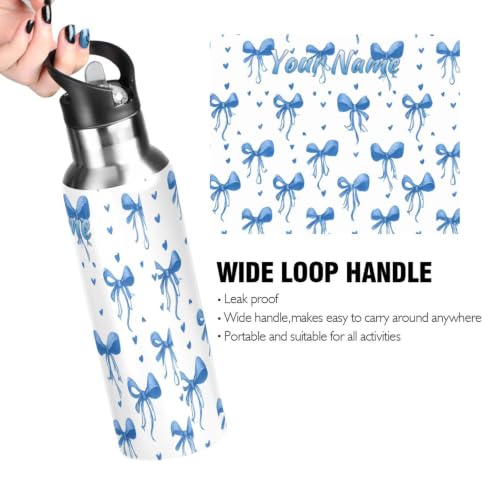 Custom Blue Bows Ribbons Polka Dots Water Bottle Kids Stainless Steel Bottle with Straw Lid Personalized Name Boys Girls Insulated Cup for School 20 oz - color: Multi102