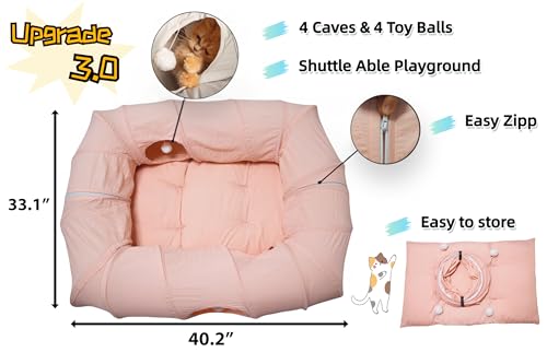 XxingSheep 4 Ways Shuttled XL Cat Tunnel Bed for Indoor Cats Peekaboo Cat Cave Donut with Cool Mat (Pink) - color: Pink, size: Extra Large