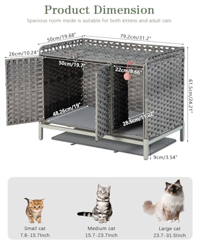 SETVSON Cat Litter Box Enclosure Furniture with Divider, Cat Cabinet,Gray | Handwoven PE Rattan with Soft Mat, 3.54-In Heightened Metal Feet, 2 S-Hooks, 31.2 x 19.6 x 24.2 Inches Spacious Cat Furniture - color: Grey