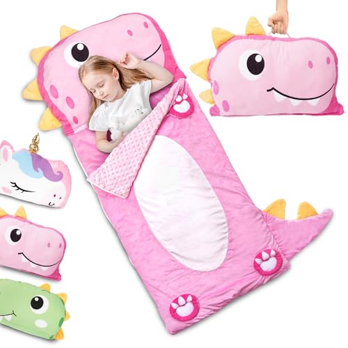 Kids Sleeping Bag, 3 in 1 Larger Plush Animal Toddler Nap Mat | Slumber Bag for Travel Sleepover Birthday Daycare Preschool Kindergarten, Boys Girls - color: Pink Dinosaur, size: 61"*27