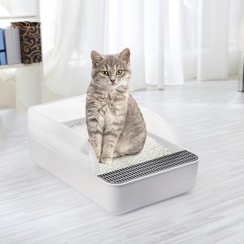 Lawei Open Top Cat Litter Box with High Side, Anti-Splashing Cats Litter Pan with with Litter Sifting Scoop, Semi-Closed Detachable Cat Cleaning Basin Kitten Toilet for Small Animal/Rabbit