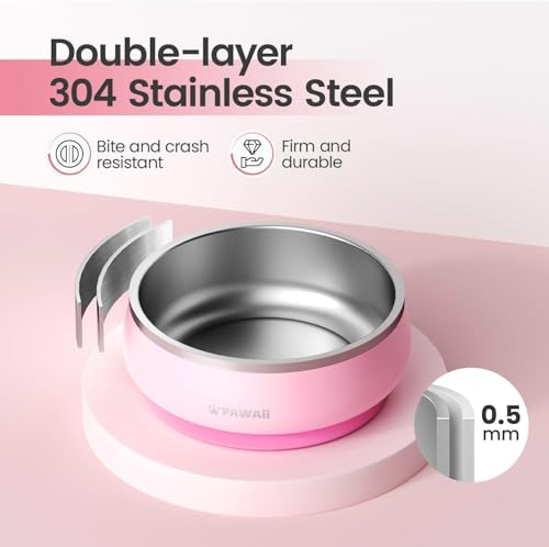 Pawaii Dog Bowl,68 oz Stainless Steel Food and Water Bowl,ID Tag,1 Pack | Double-Wall Design,Non-Slip Rubber Base,Dishwasher Safe,Smooth Open Design, Not a Slow Feeder,Easy-Rinse Interior - color: Sakura Pink, size: 68oz