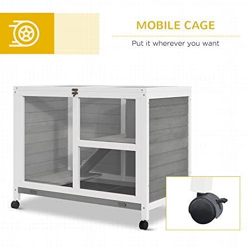 PawHut Rabbit Hutch with Wheels, Desk and Side Table Sized, Wooden Rabbit Cage, Waterproof Small Bunny Cage with Removable Tray, Openable Roof, for Indoor & Outdoor, Gray | Wooden Rabbit Cage, Waterproof Small Bunny Cage, Removable Tray, Openable Roof, fo
