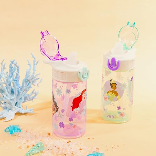 Zak Designs Princess Sage 16oz Leak-Proof Straw Kids Water Bottle, 2-Pack | BPA Free Durable Plastic, Cupholder Friendly, Dishwasher Safe, Easy to Clean, Lid Lock, Handle, For School, Home, Travel - color: Disney Princess (Ariel, Cinderella, Jasmine, Moan