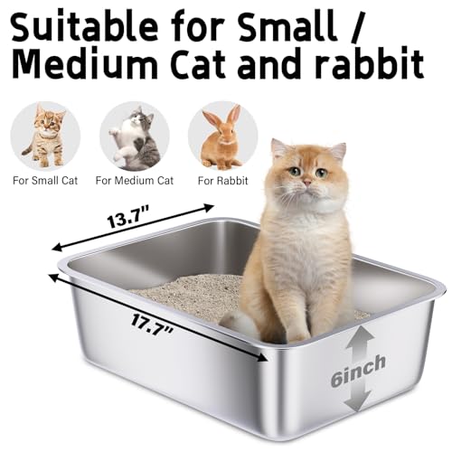 Stainless Steel Litter Box 2 Pack, Metal Litter Box | High Sided Steel Litterbox, Easy Clean Non Stick Non Smell for Kitty/Cats - size: 2pcs M:17.7"x13.7"x6"