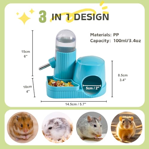 3 in 1 Hamster Water Bottle No Drip Automatic Leakproof Dispenser with Food Container and Hideout Base for Gerbil Rat Dwarf Hamster Mouse (Blue, 3.4oz) - color: Blue
