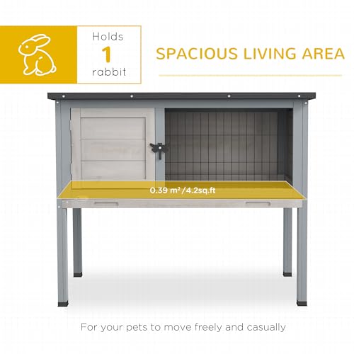 PawHut Elevated Wooden Rabbit Hutch Indoor/Outdoor Bunny Cage Light Gray | Hinged Asphalt Roof, Removable Tray for Guinea Pig - color: Light Gray