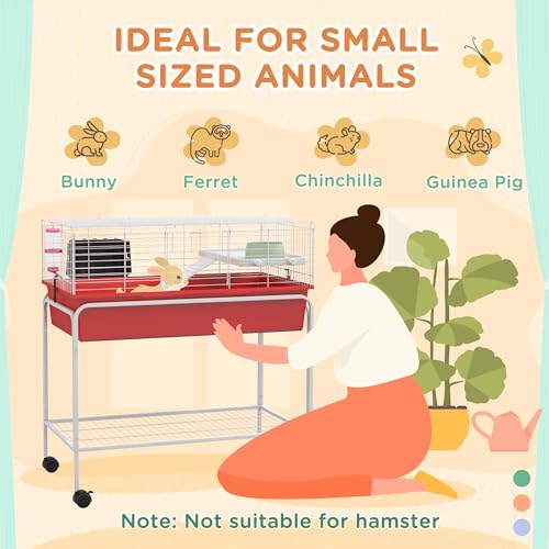 PawHut Two-Story Small Animal Cage Removable from Stand, Guinea Pig Cage with Shelf & Wheels, Pet Habitat for Hedgehog, Chinchilla, Ferret, 33" x 18.5" x 35", Red | Removable from Stand, Guinea Pig Cage, Pet Habitat for Hedgehog, Chinchilla, Ferret - colo