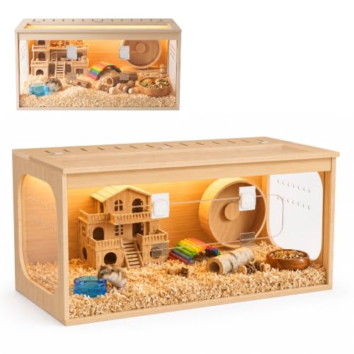 32" Large Wooden Hamster Cage with Lockable Front Access Door & Openable Top, Thick Acrylic Panels, Ventilated Hamster Habitat for Syrian Hamsters, Dwarf Hamsters, Gerbils, Guinea Pigs