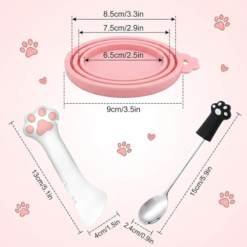 4 PCS Pet Food Can Accessory Set, Reusable Pink Silicone Can Lids with Feeding Shovel and Stainless Steel Spoon for Cat Dog Wet Food Storage