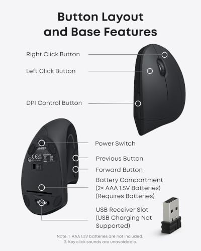 Anker 2.4G Wireless Ergonomic Mouse, Right Hand Vertical Mouse USB Receiver | Multi-Device Connectivity, 800/1200/1600 DPI, Wireless Mouse for Laptop, Desktop, PC, 5 Buttons, Black (Batteries Required)