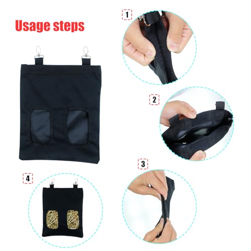 Rabbit Hay Feeder Bag Hanging Guinea Pig Hay Feeder with 2 Holes for Chinchilla Hamster Bunny Small Animal Pet Storage Pouch Black