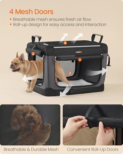 Feandrea Collapsible Dog Crate, Portable Travel Crate, 24-Inch | Oxford Fabric Pet Carrier with 4 Mesh Doors, Handles, Storage Pocket, Water Bottle Holder, UPDC016B01 - size: 24.0"L x 16.5"W x 16.5"H