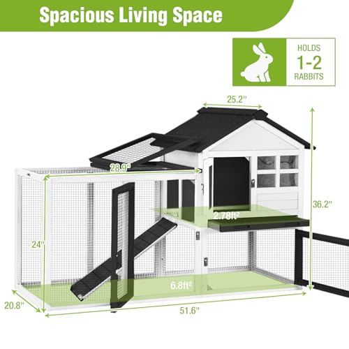 Outdoor Rabbit Hutch with Run, 2-Tier Fir Wood Bunny Cage, Waterproof Roof, Pull-Out Tray, Secure Latches, 51.6 x 20.8 x 36.2 in, Black - color: White, size: 51.6"L x 20.8"W x 36.2"H