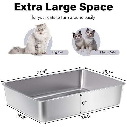 Stainless Steel Litter Box, Metal Cat Litter Box XXXL | 28" X 20" X 6", Extra Large Steel Litterbox for Big Cat, Multiple Cats, No Smell, Non Stick, Easy Cleaning - size: 1 Pack-3X-Large (27.6"×19.7"×6")