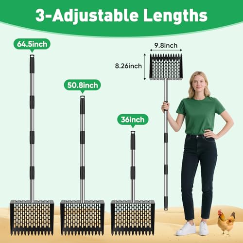 64.5 Inch Chicken Poop Scooper & Rake,for Chicken Pooper Small Farm Animal | with Adjustable Stainless Steel Handle, Ergonomic Grip, Cat Litter Scooper Sand Sifting Shovel