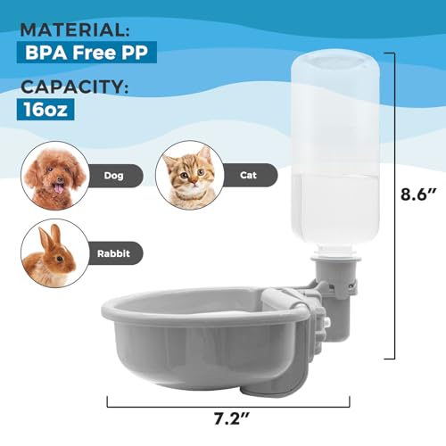 VANNON Gravity Pet Water Bowl, 16oz Anti-Splash Crate Dispenser, Grey | Anti-splash gravity water bowl with a floating disk helps reduce spills while keeping water cleaner for everyday hydration. - color: A-Grey, size: 16oz
