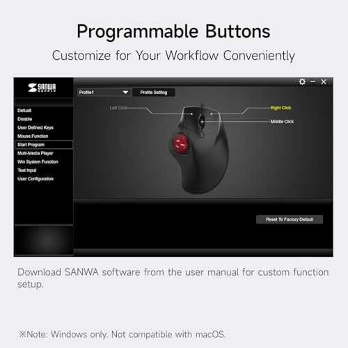 SANWA Bluetooth Wireless Ergonomic Trackball Mouse, Optical Rollerball Mice, Programmable Silent Buttons, 40mm Trackball, 600/800/1200/1600 DPI, Compatible with MacBook, Laptop, Windows, macOS - style: Bluetooth