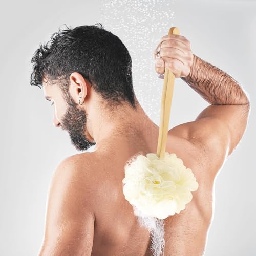 FORENEE White Loofah on a Stick, PE Mesh Back Scrubber with Wood Handle | Soft PE mesh for rich lather and gentle cleansing; water-resistant coating on the wood handle and hanging loop for drying. - style: White