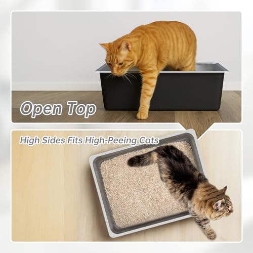 Ohtomber Large High Sided Stainless Steel Cat Litter Box | Non-Stick, Odor Free, Easy to Clean Metal Pan, For Indoor Big & Small Cats & Kittens - size: 23.4"L x 15.6"W x 6"H