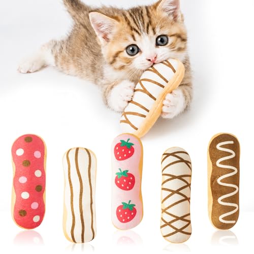 MALLMALL6 Eclair Catnip Toys for Cat - 5Pcs Chocolate Strawberry Dessert Catmint Interactive Toy Gift for Indoor Kitty, Biting Chew Kick Cats Supplies, Soft French Pastry Pet Present for Kitten Lover - style: Eclair