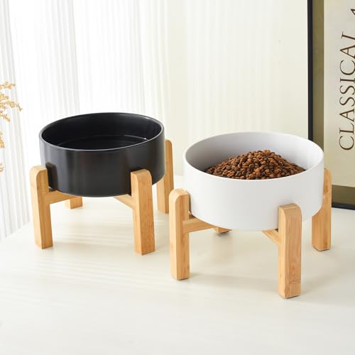 8'' Ceramic Raised Dog Bowl - 70Oz Dog Food & Water Bowl with Elevated Non-Slip Bamboo Stand, Dishwasher & Microwave Safe, Anti Vomiting Heavy Duty Pet Bowl for Medium and Large Dogs, White - color: 1 x Bowl + Stand - White, size: 8 inch