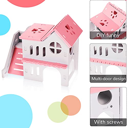 Skylety 5 Pcs Hamster Toys Include Wooden Accessories Hamster House Guinea Pig Hideout Rainbow Bridge Seesaw Swing Exercise Circle Cage Toy for Small Animals(6.3 x 3.93 x 5.5 inch,Pink) - color: Pink
