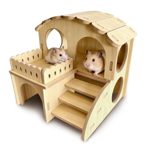 Wooden Hamster Hideout - Wood Hamster Hide House with Ladder Platform Small Pet Hut Habitat Detachable Hamsters Maze Cage Accessories for Dwarf Rat Gerbils Mouse and Other Tiny Animals