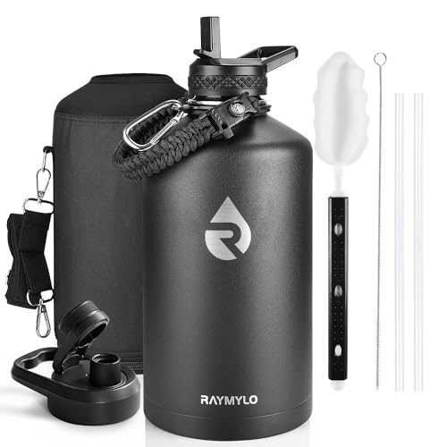 RAYMYLO One Gallon Water Bottle Insulated 128 oz, Stainless Steel | Triple Walled Vacuum (Cold for 48 Hrs), Leak Proof & Non-BPA, Large Water Flask Jug with Paracord Handle & Straw Spout Lids - color: Magic Black, size: 128 Ounces