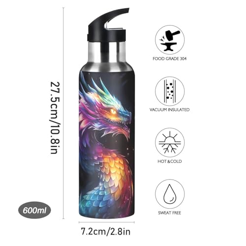 Neon Dragon Water Bottle Kids Insulated Sports Vacuum Stainless Steel Mug with Straw Lid & Handle 20 oz - color: A002