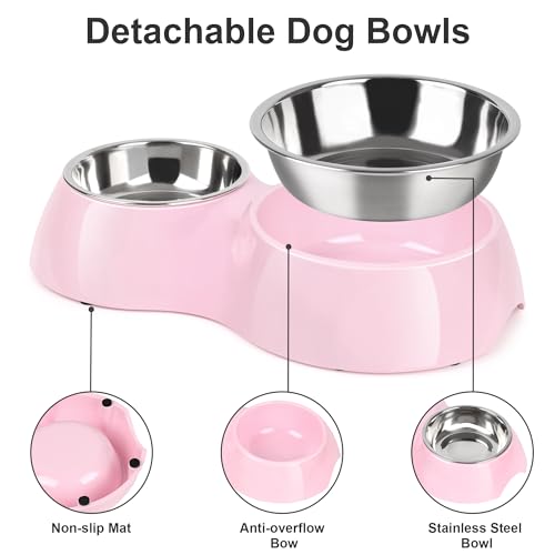 Double Dog Bowls Set – Non-Slip Pet Food & Water Dishes with Resin Stand, Includes Small (1 Cup) & Medium (2 Cups) Bowls – Ideal for Puppies and Cats– Pink - color: Pink, size: Medium