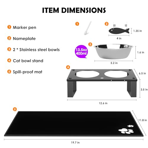 Elevated Cat Bowls with Splash Proof Mat for Kitten Puppy, 10° Tilted Raised Cat Bowl Stand Anti-Vomiting, 2 Wide Shallow Stainless Steel Bowls, Whisker Friendly, 3.5" Tall - color: Black-2bowls