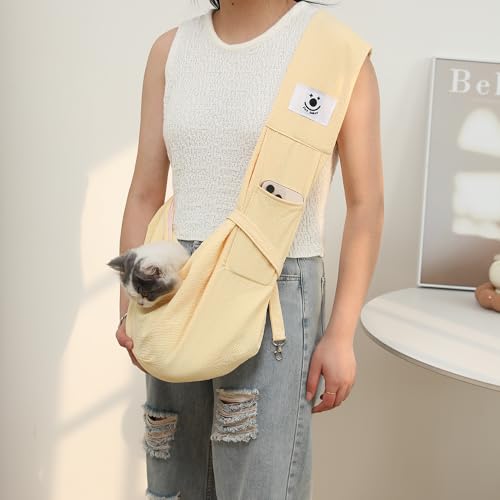 FORHER Pet cat Sling Carrier, Cat Travel Bag, Pet Soft Pouch and Tote Design, Shoulder Strap Hands Free Safe-Suitable for Puppy, Small Dogs Cats Outdoor (Yellow) - color: YELLOW