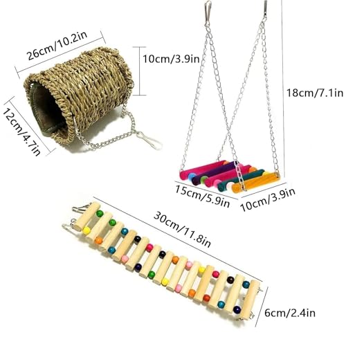 Hamiledyi Hamster Hanging Hammock 3 Piece Wooden Rat Ladder Swing Set Cage Clmbing Toys Accessories for Syrian Hamster Sugar Glider Bird Mice Playing Sleeping