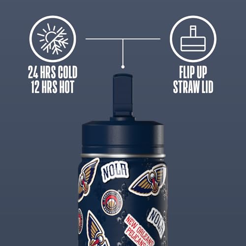 Hydrapeak NBA Officially Licensed New Orleans Pelicans Mini 14oz Kids Stainless Steel Water Bottle with Straw Lid & Flexible Handle, Double Wall Insulated, Spill Proof, Perfect for Back to School - color: New Orleans Pelicans