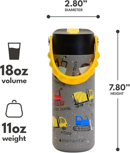 Elemental Insulated Kids Water Bottle, Stainless Steel Water Bottle with Straw Lid & Pop-It Handle, Leak-Proof Water Bottles for School, Boys or Girls, Travelling and Sports, 18oz - Construction - color: Construction