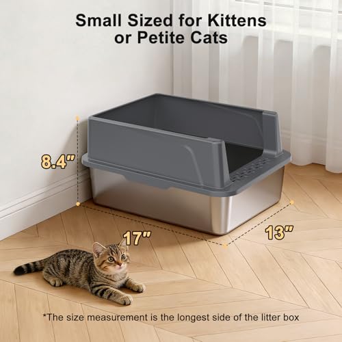 FURTIME Stainless Steel Cat Litter Box, Small Cats Metal Litter Box | High-Sided Open-Top Easy-Clean Litter Pan, Non-Stick, Anti-Leakage, Odor-Free, Comes with Scoop & Mat, 17"×13"×8.4" - color: Grey, size: Small
