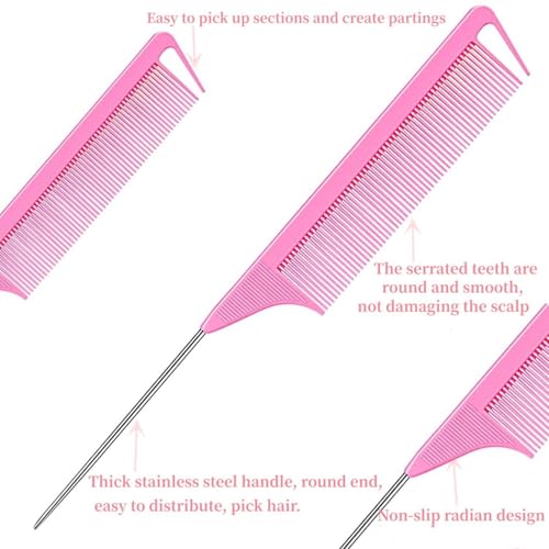 Hair Styling Tool Set 8 Pieces -4 Topsy hair Tail Tools 2 Rat Tail Combs, 1 Slick Back Hair Bristle Brush and 1 Edge Control Brush, Woman Girl Pink
