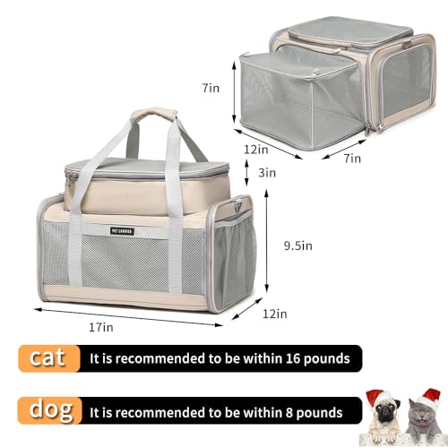 Airline Approved Pet Carrier for Cats and Small Dogs up to 15 lbs, Breathable Mesh, Portable Travel Bag for Bearded Dragon, Puppies Animal Hangbag, Rabbit Cage (Khaki, Expandable) - color: khaki, size: expandable