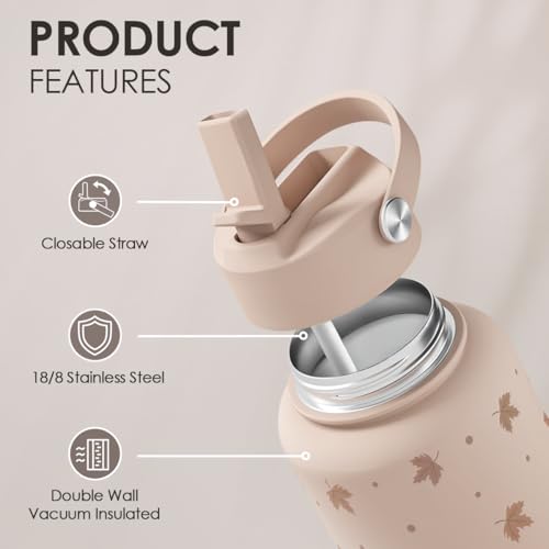 Maple Leaf Water Bottle 32oz Stainless Steel with Lid & Straw, Fall Insulated Bottles Gift for Women Girls, Autumn Gifts - color: Fall